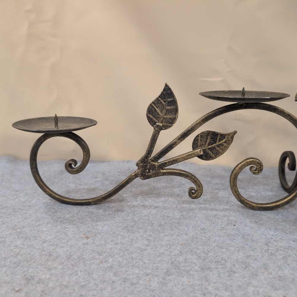 Bronze Fleur-de-Lis 4-Pillar Metal Candelabra Scroll Leaf Mantel Centerpiece - Picture 2 of 5